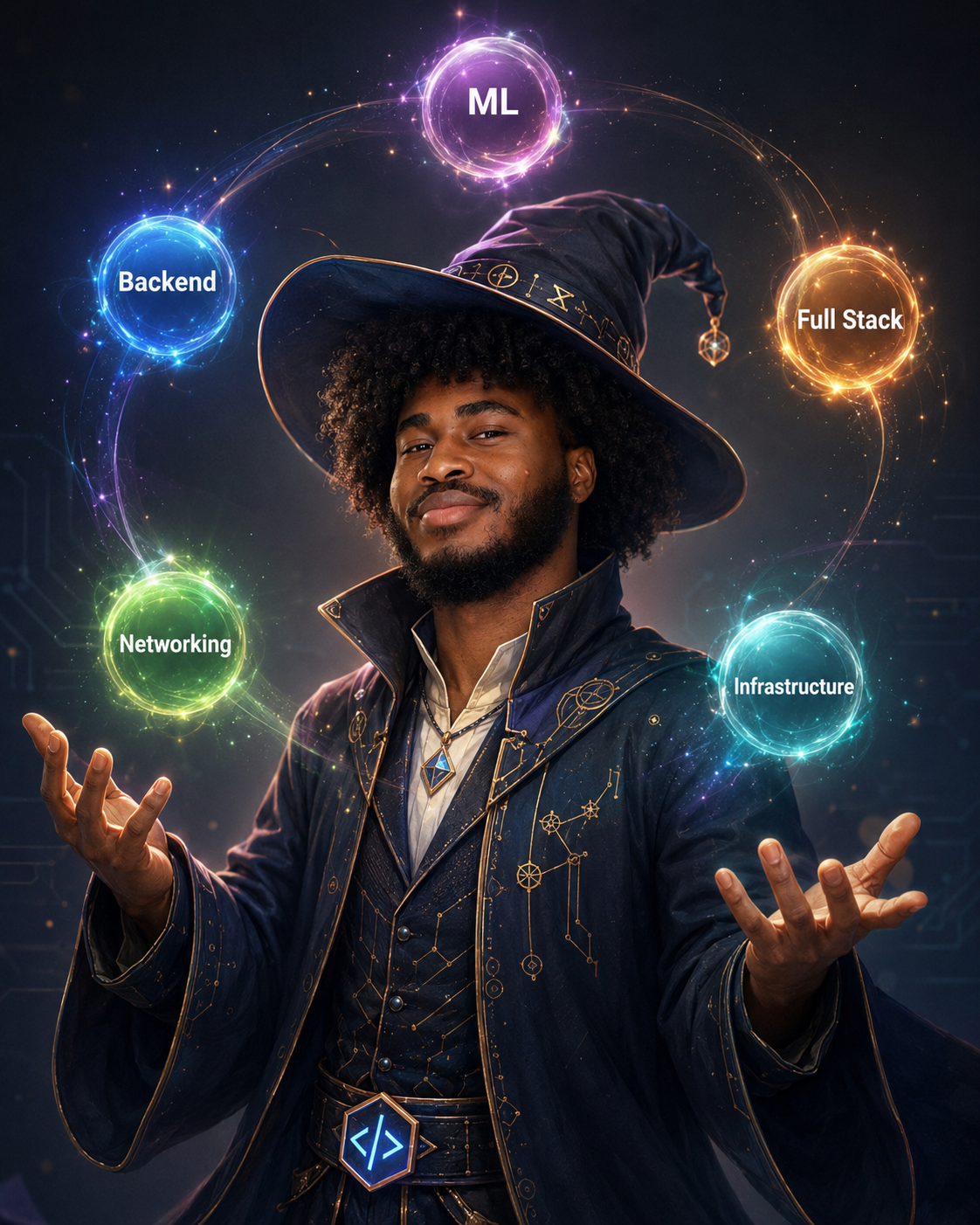 Muhideen Mustapha portrayed as a software wizard conjuring machine learning, backend, full-stack, networking, and infrastructure skills